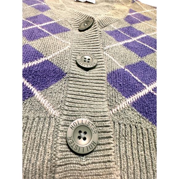 Y2k Hollister Argyle Knit Green/Blue Slight Crop Cardigan Sweater Size Medium - Picture 7 of 14